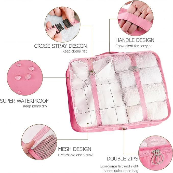 LANSKLBD 6/8 Set Packing Cubes for Suitcases Travel Luggage Packing Organizers,Travel Accessories Essentials Luggage Organizer with Shoe/Tioletry/Laundry Bag (Pink, 6 set)