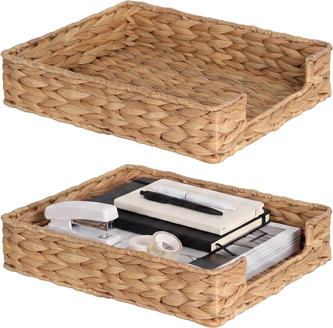 Set of 2 Letter Tray Water Hyacinth,Desk Organizer for Office Supplies | Desk Tray Organizer for A4 Paper, Magazine, Jewelry Cosmetics, Paper Holder Storage Basket for Office, School, and Workspace