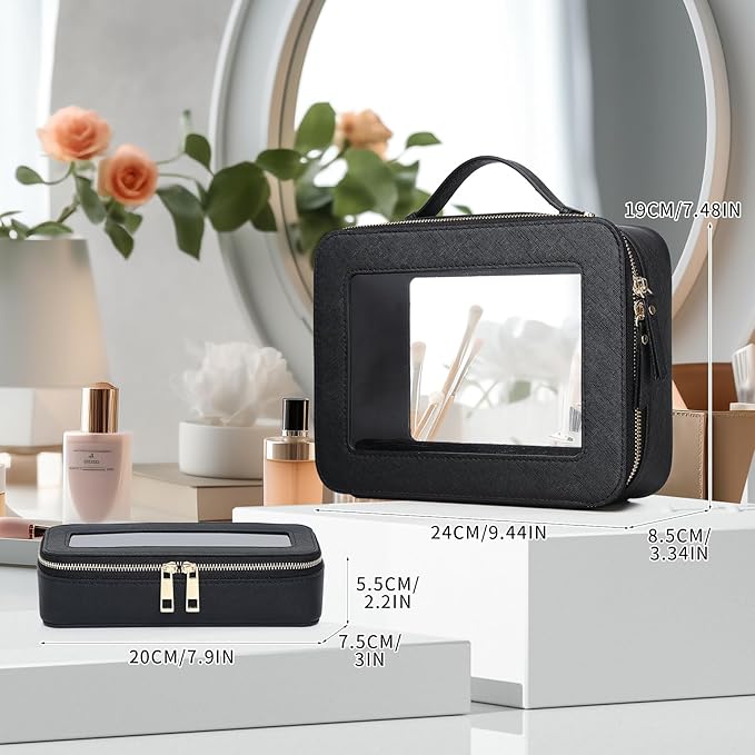 Pinkmik Travel Clear Makeup Bag with Brush Bag Portable Cosmetic Bag Case Transparent Toiletry Bag Cosmetic Organizer Storage Bag for Women (Black, L+SLIM)