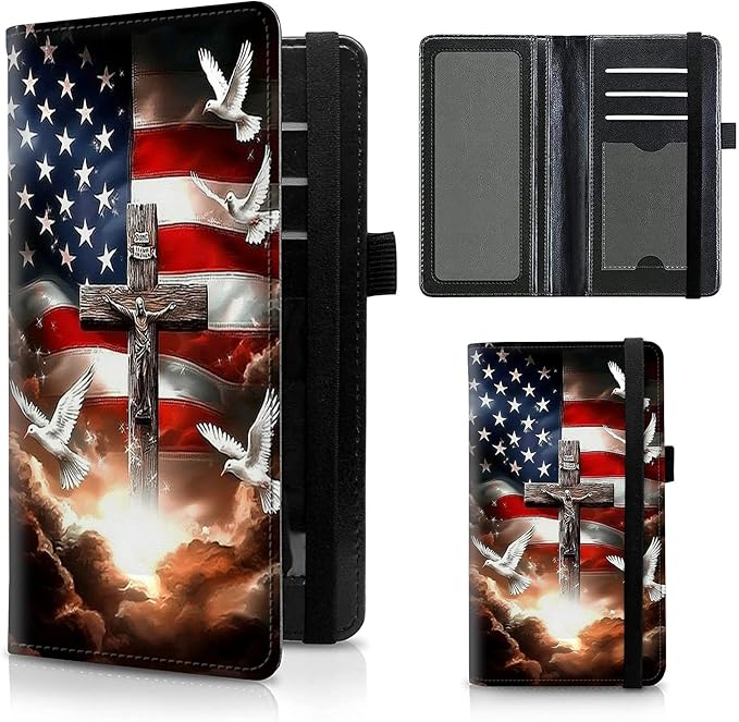 FUYOCWE Checkbook Covers for Personal Checkbook,Leather Checkbook Cover for Business/Personal Checks,RFID Blocking Check Book Cover Holder Wallets for Men Women-American Flag with Cross Dove
