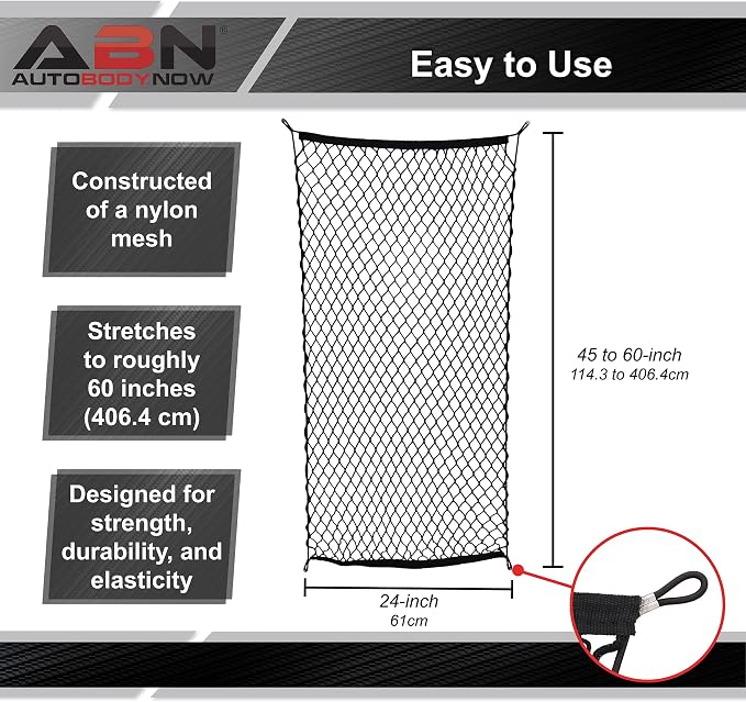 ABN Cargo Net with Fasteners and Hardware, 24 x 45in (Stretches to 60in Long) – Trailer, SUV, Motorcycle, ATV, Roof