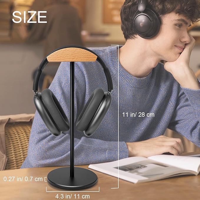 Headphone Stand for Desk - Gaming Headset Stand with Wooden Support Plate, Headset Holder with Aluminum Alloy Support Rod