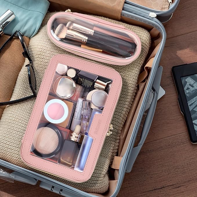 Soimeat Travel Clear Makeup Bag with Makeup Brush Bag, Leather Makeup Case Toiletry Bag, Portable Cosmetic Bag Case, Transparent Waterproof Cosmetic Organizer Storage Bag for Women, Pink