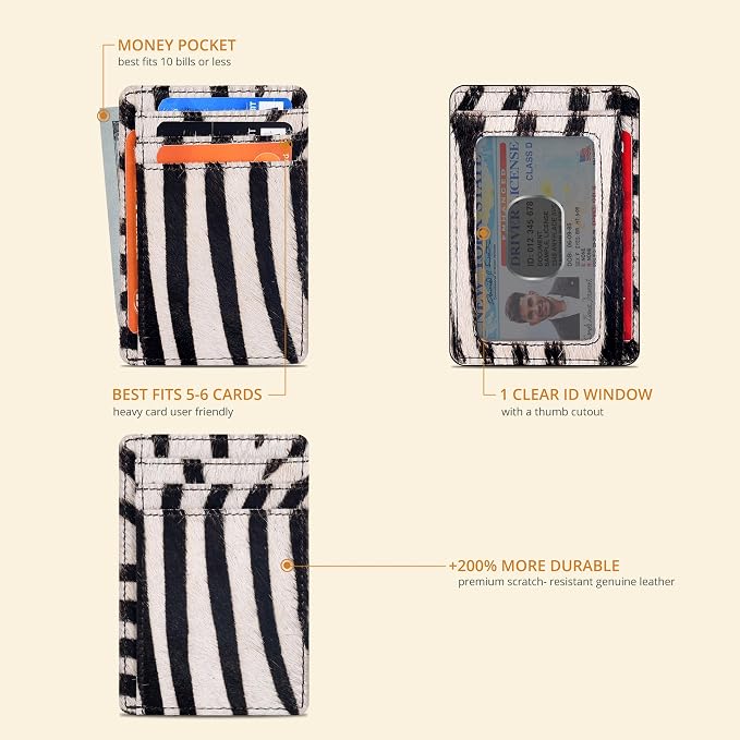 Oak Leathers Leather Slim Minimalist Wallet for Men & Women RFID Front Pocket Leather Card Holder Wallets (Zebra)