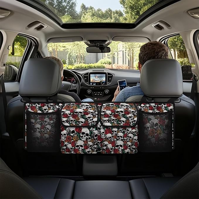 Skull Rose Car Trunk Organizer, Backseat Hanging Large Storage with 4 Pocket & 3 Adjustable Straps Provides More Space for Groceries for SUV, Truck, MPV,Van