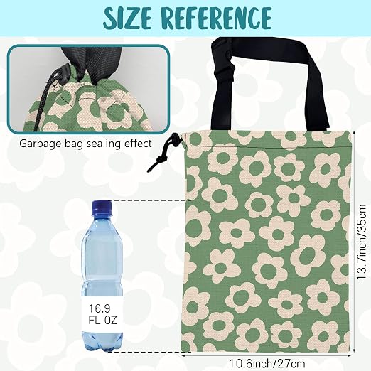 Car Garbage Bag Vintage Green Groovy Flowers Drawstring Car Trash Bag Hanging for Back Seat with Adjustable Buckle Canvas Vehicle Trash Can Easy-to-Install
