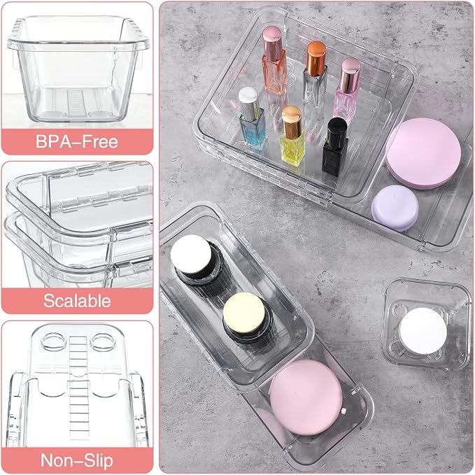 14 Pcs Clear Drawer Organizer - 3 Sizes, Adjustable Drawer Storage Box, Desk Drawer Organizer, Acrylic Storage Bins for Makeup, Cosmetic, Kitchen Utensils, Bedroom Dressers Tool Organizer for Gadgets