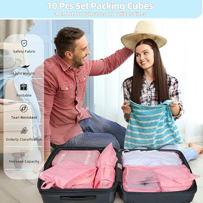 10 Pcs Set Packing Cubes - Travel Packing Organizers, Expandable Suitcase Organizer, Luggage Organizer Bags