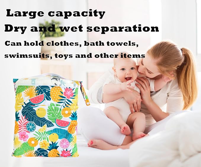 Wet Dry Bag for Cloth Diapers, 2PCS Waterproof Reusable Wet Bag with Zippered Pockets, Washable, Reusable for Travel, Beach, Pool, Stroller, Diapers, Dirty Gym Clothes, Swimsuits, 14x12In & 12x11In