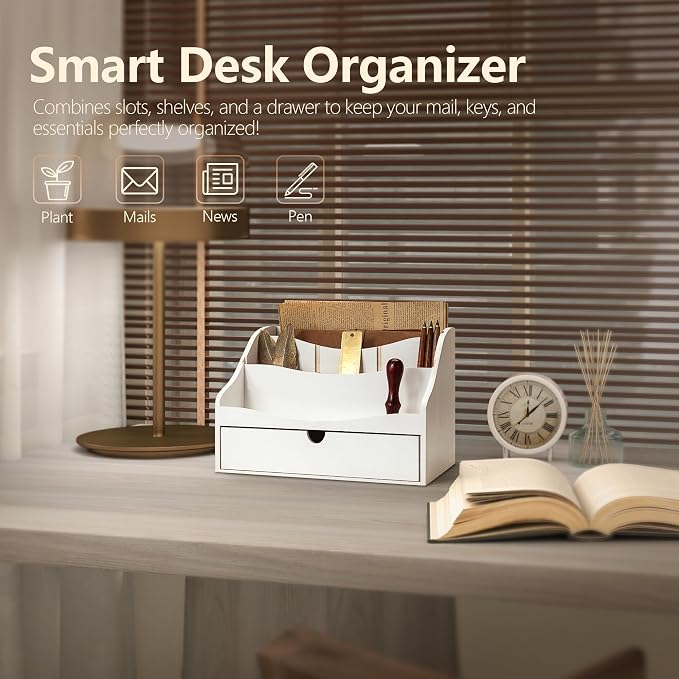 Rebee Vision Pine Wood Mail Organizer for Desk - Charming Farmhouse Countertop Mail Sorter for Office Desk & Home Decor - Mail Holder with Divider, 4-Slot Letter Sorter File Holder (White)
