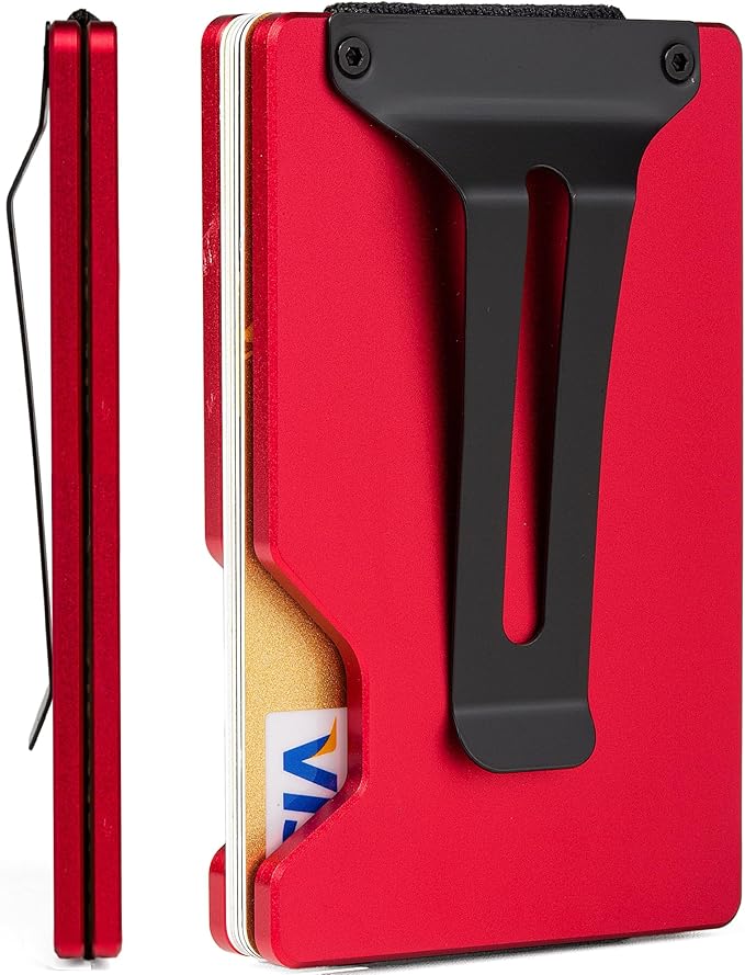 Slim Wallet for Men,RFID Blocking Minimalist Metal Wallet, Money Clip/Cash Holder, Front Pocket Aluminum Credit Card Holder, Ideal Gift for Men-Matte Red