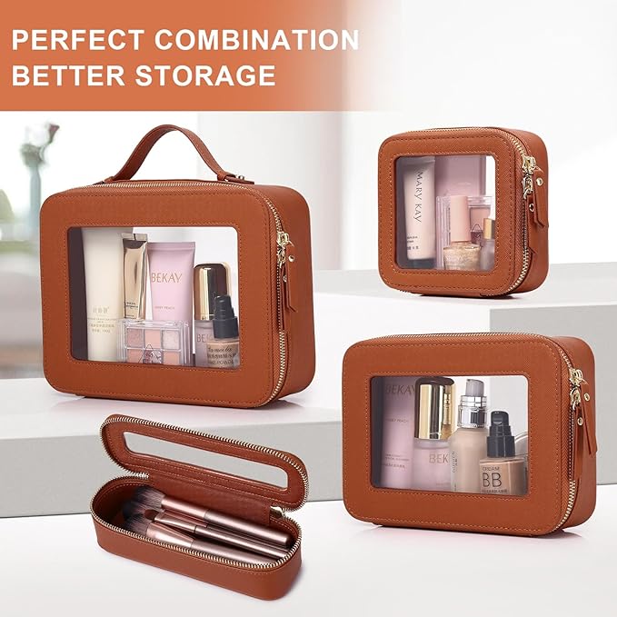 Pinkmik Clear Makeup Bag for Women Waterproof Travel Cosmetics and Toiletries Case Portable Makeup Oaganizer Bag Clear Car Bag with Zipper (X/Brown, M)