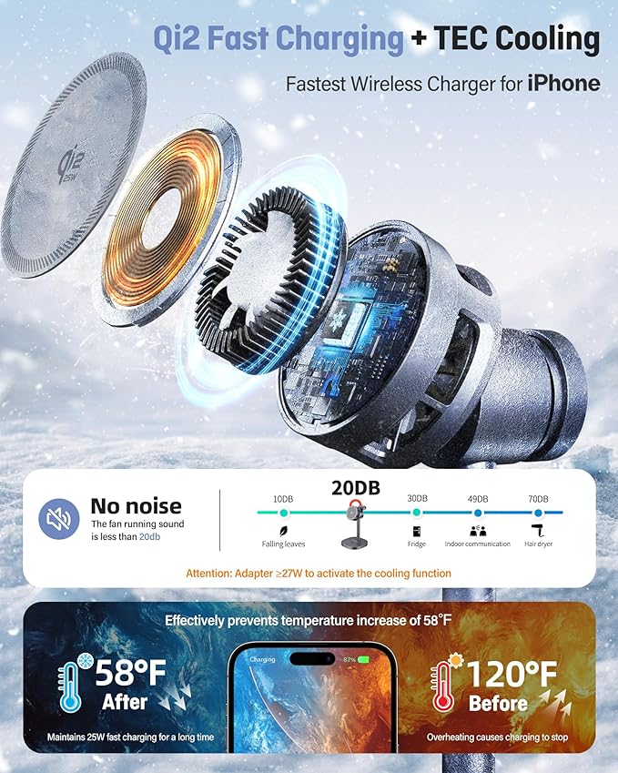 3 in 1 Wireless Charging Station, Qi2.2 25W Certified Fast Magnetic Charger, Mag-Safe Wireless Charger Stand with TEC Active Cooling, for iPhone17/16/15/14/13/12, Apple Watch/AirPods
