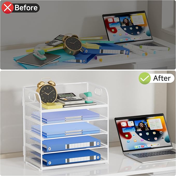 5-Tier Stackable Paper Organizer with Handle, White Metal Mesh Desk Organizer Letter Tray | Office Storage & Organization for Home, School & Workplace