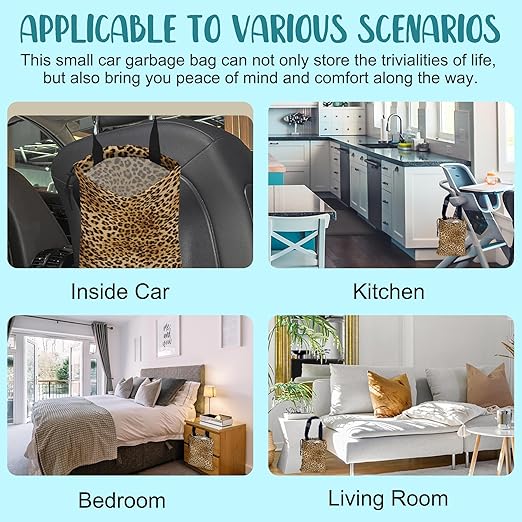 Car Trash Bag Brown Leopard Leak-Proof Waterproof Car Garbage Bag with Drawstring Foldable Canvas Trash Bin with Adjustable Buckle for Car Accessories, Travelling, Camping