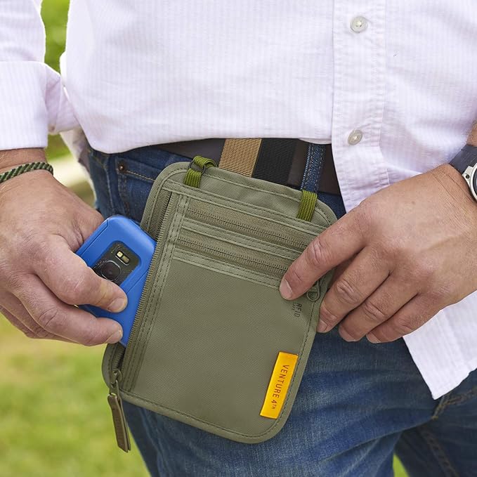 VENTURE 4TH RFID Blocking Travel Neck Wallet - Security Neck Pouch Passport Holder with Nylon Lining (Green)