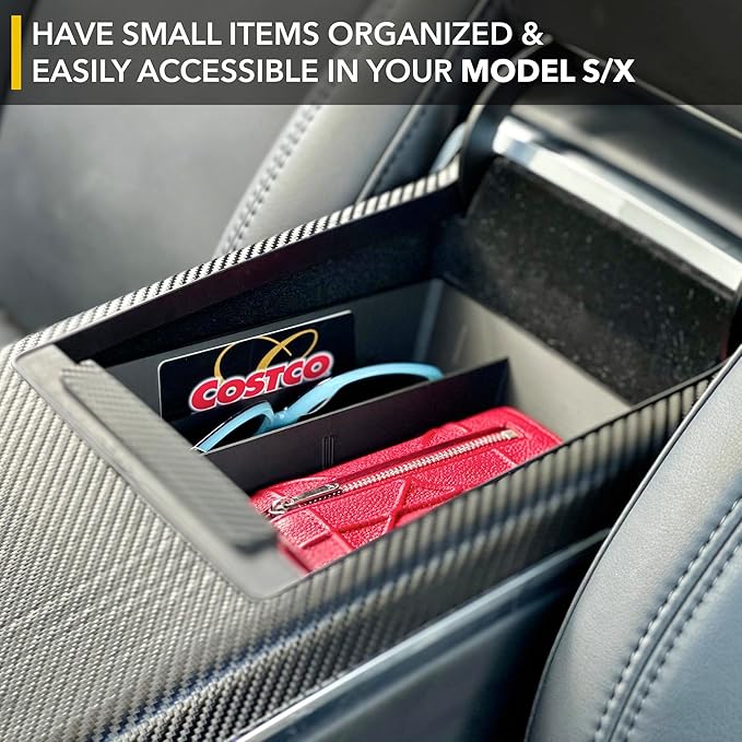 TWRAPS Center Console Organizer for Tesla Model X and Tesla Model S, Carbon Fiber Detail Armrest Storage Tray, Premium Faux Leather Inserts, Accessories Fit Model S/X 2021-2026 (Black)
