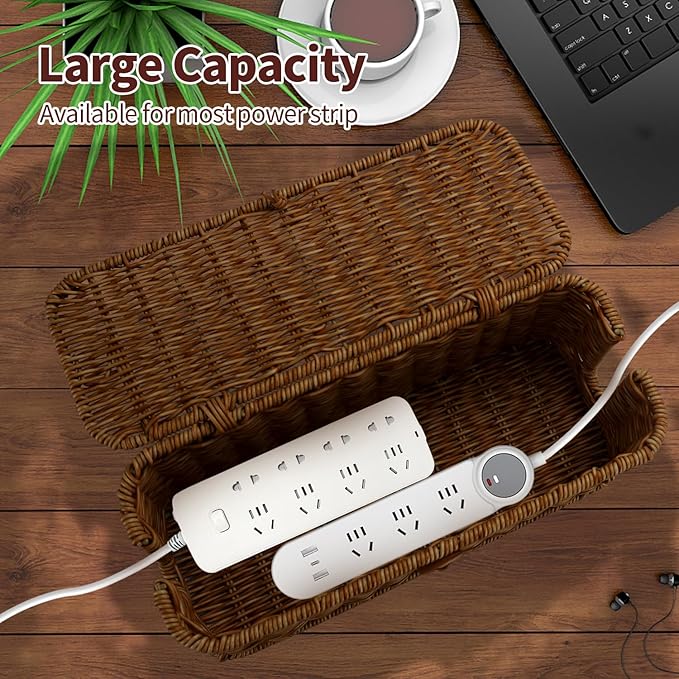 Cable Management Box, Desk Handwoven Rattan Cord Hider Cable Organizer Box With Lid Button Lock, Power Strip Cover Wicker Decorative Basket, Floor Wire Hiding Extension Cord Box (dark brown)