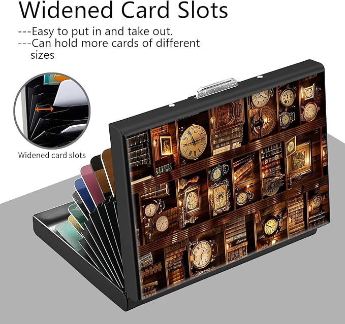 Credit Card Holder, Bookshelf with Clocks Design Mini RFID Blocking Aluminum Wallet Slim Metal Hard Case Shell Travel Wallet ID Case Small Credit Cards Case Business Cards for Women Men Girls