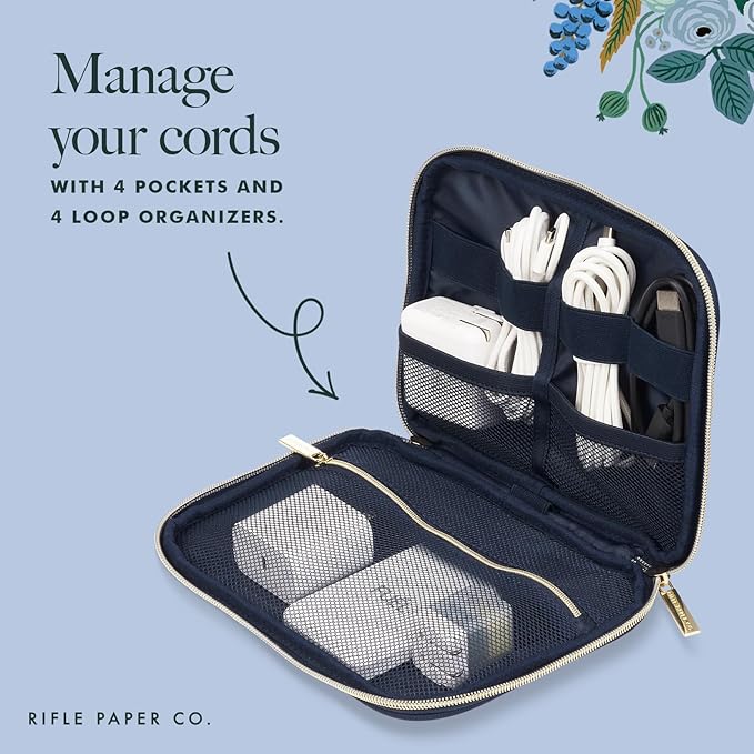 Rifle Paper Co. Electronic Organizer Travel Case - Portable Tech Pouch w/Multiple Storage Mesh Pockets for Cable, Cord, Charger, Power Bank, AirPods - Airplane Travel Essentials Bag -Garden Party Blue