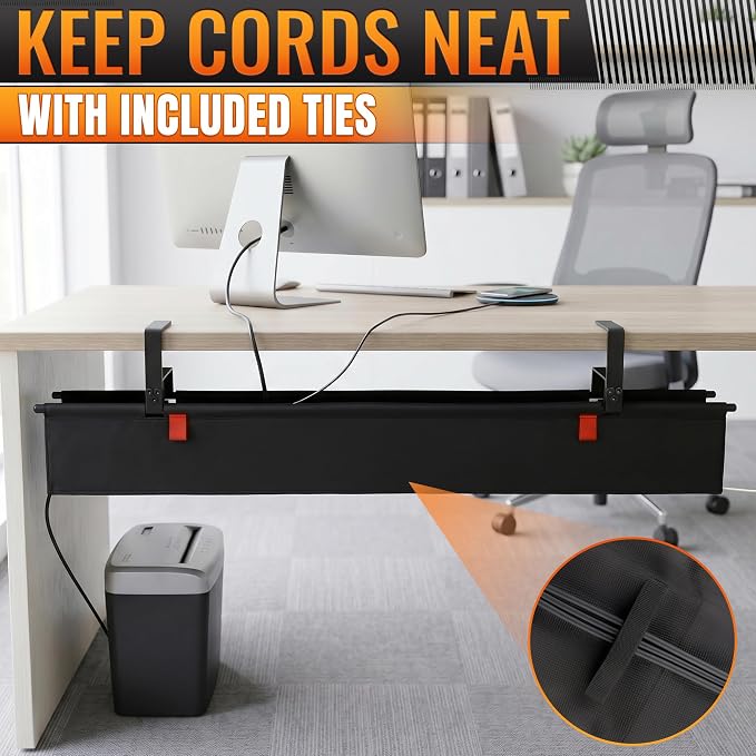 Under Desk Cable Management Tray 36" — No Drill Clamp-On Cord Organizer for Desk with Built-in Ties, Heavy Duty Metal Clamp, Foldable 600D Oxford Fabric for Home Office, WFH & Gaming PC Setup (Black)