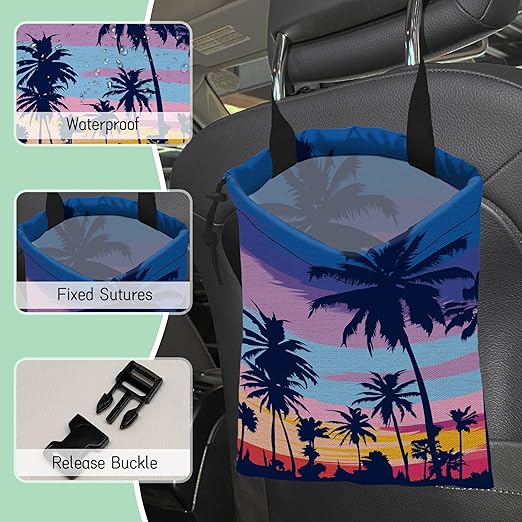 Palm Trees Car Garbage Bag,Sunset Waterproof Small Car Trash Bag Hanging Back of Seat,Drawstring Hanging Car Trash Bag with Adjustable Buckle for Car Accessories