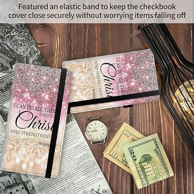 FUYOCWE Leather Checkbook Covers for Men Women Check book Holder Cover Wallets for Personal Checkbook Duplicate Checks with RFID Blocking & Elastic Strap-I can do all things through christ