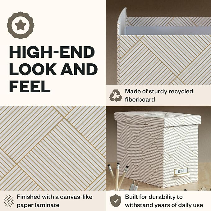 Bigso John Fiberboard Label Frame Desktop File Storage Box - Document Organizer for Important Paperwork - Durable Hanging File Box with Lid & Metal Label Window - 7.36 x 13.38 x 10.51in - Gold Squares