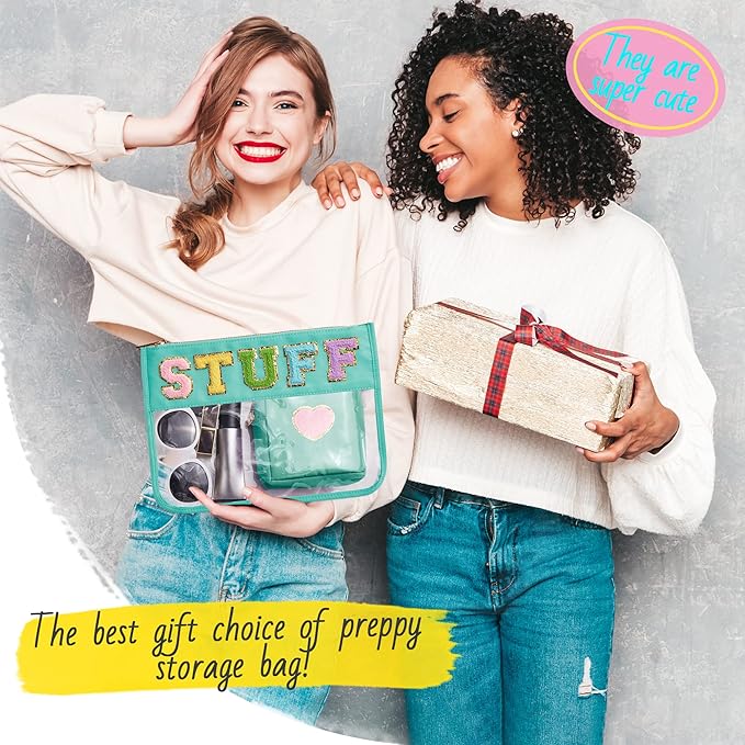 Preppy Patch Stuff Bag for Travel, 2 PCS Chenille Letter Clear Sunscreen Bag, PU Waterproof Beach Snack Makeup Cosmetic Bag Pouch, Gift for Women Girls