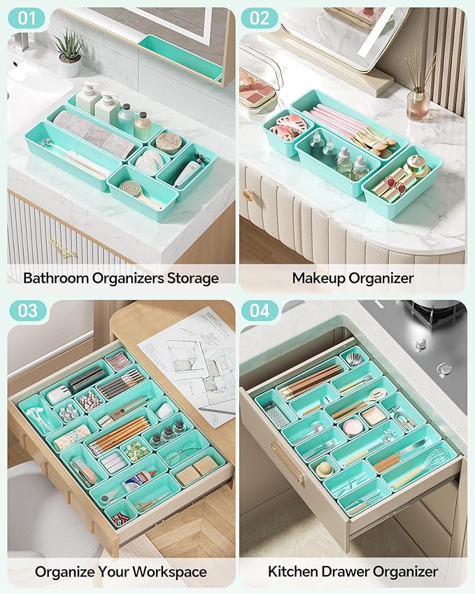 Canfanni 13 Pack Plastic Drawer Organizers Set, 3 Sizes Desk Drawer Organizer Trays for Vanity and Makeup Organizer, Organization and Storage for Makeup, Kitchen Utensils, Bathroom and Office(Blue)