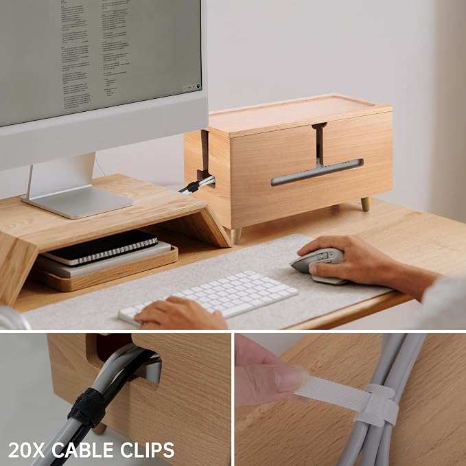 Natural Beechwood Large Cable Management Box for Power Strip & Cord Hider | Solid wood cable box fits 13" strips, flame-retardant, detachable legs, vents, child-safe, tool-free, hides 6-8 cords
