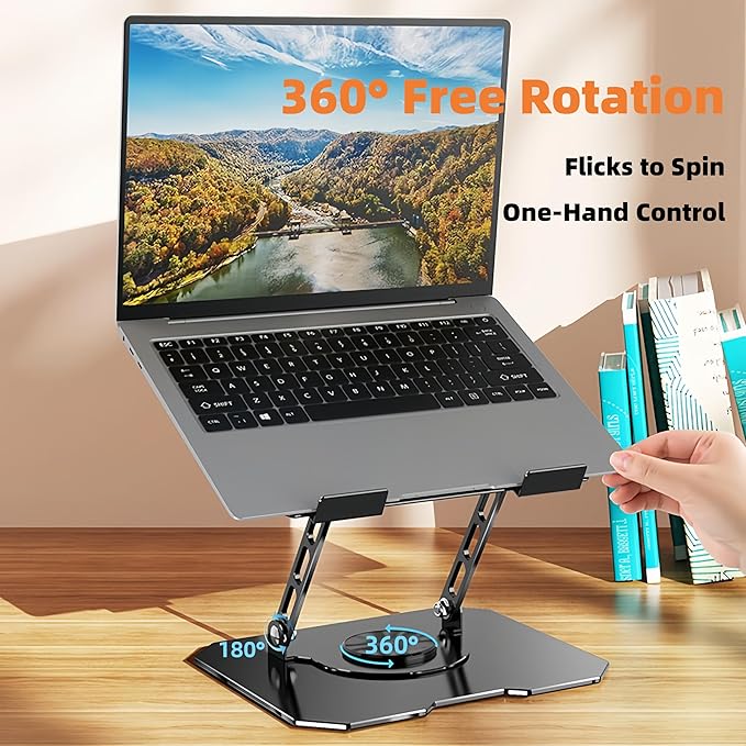 Laptop Stand for Desk - Ergonomic Aluminum Alloy Computer Riser, 360° Rotating & Adjustable & Foldable, with Large Hollow Cooling, Stable Holder for MacBook, Dell, HP, Notebook(10-17"), Blk