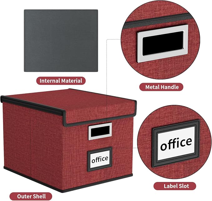 File Organizer Box with Lid, Collapsible File Folder Organizer for Office Document Storage, Filing Box with Plastic Slide for Letter Size Hanging File Folders(1 Pack, Dark Red)