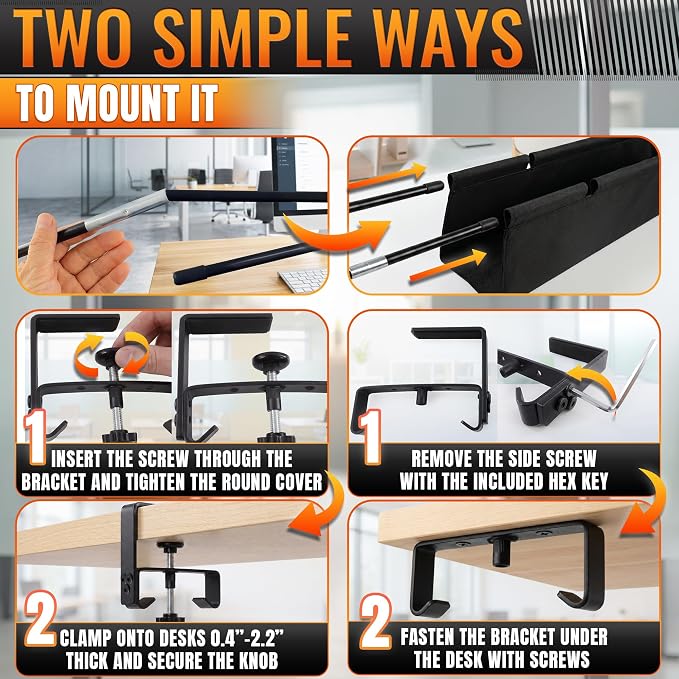 Under Desk Cable Management Tray 36" — No Drill Clamp-On Cord Organizer for Desk with Built-in Ties, Heavy Duty Metal Clamp, Foldable 600D Oxford Fabric for Home Office, WFH & Gaming PC Setup (Black)
