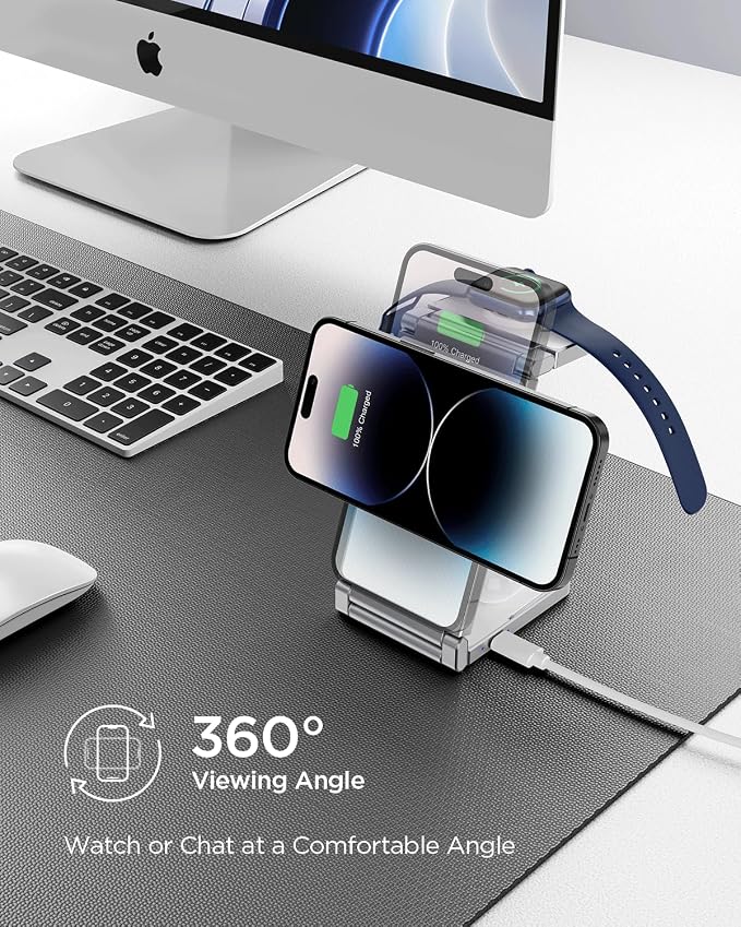 Magnetic Charging Station,Hohosb 3 in 1 Foldable Zinc Alloy Wireless Charger Stand[Compatible with Magsafe Charger] for iPhone 15/14/13/12 Series, AirPods Pro/3/2,Apple Watch/iWatch-White