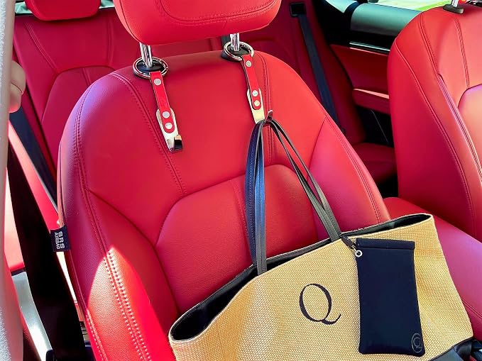 Car Hook Hanger | 2 Pack | Premium Leather Stainless Steel Car Seat Head Rest Storage Organizer Universal for Handbag Purse Vehicle Car (Rustic Brown Leather Gold Hook)