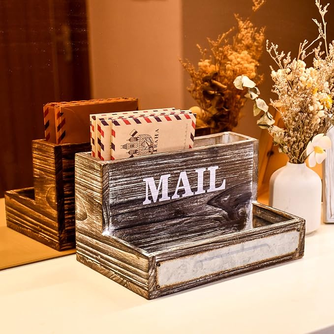 OKSQW Farmhouse Wood Desktop Desk Mail Organizer with 2-Slot Desktop Mail Sorter Holder File Organizer Bill Paper Folder Office Desk Accessories Rustic Office Supplies Home Decor