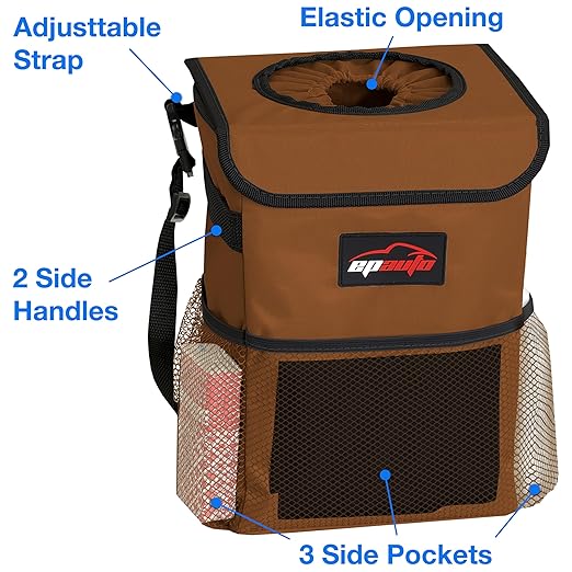 EPAuto Waterproof Car Trash Can with Lid and Storage Pockets, 2.5 Gallon Leakproof, Brown