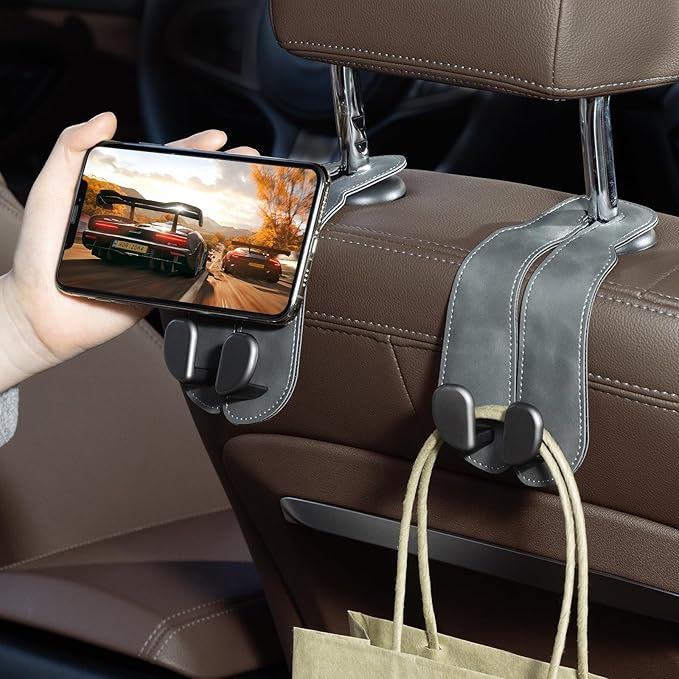 CoBak Purse Hook for Car - Universal Premium Stitched Leather and Aluminum-Magnesium Alloy Double Car Seat Back Storage Hook for Purses, Handbags, Bags (2 Pack),Gray