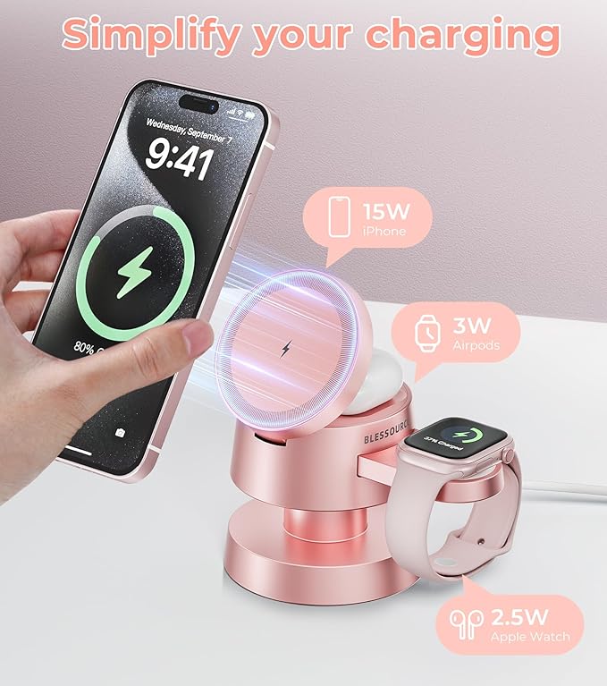 4-in-1 Magnetic Wireless Charging Station for iPhone 17/16/15/14 Pro Max, with Night Lamp and 20W Adapter Wireless Charging Station Fast Charging for Apple Watch, Earphones & Multiple Devices