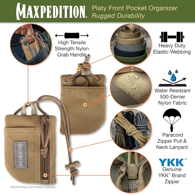 MAXPEDITION Platy Pocket Organizer, Durable EDC Tool Pouch for Men, Neck Wallet with Paracord Lanyard, Holds Flashlight, Multitool, Pen, Notebook