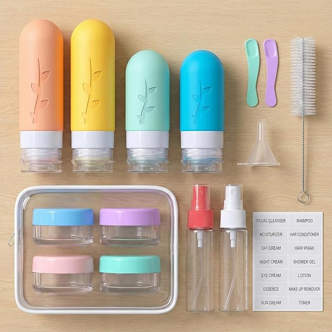 DEPOZA Travel Bottles Kit (16 Pack) - TSA Approved, Leak Proof Silicone Squeezable Containers for Toiletries. Complete Set with Jars, Sprayers & Bag (White)