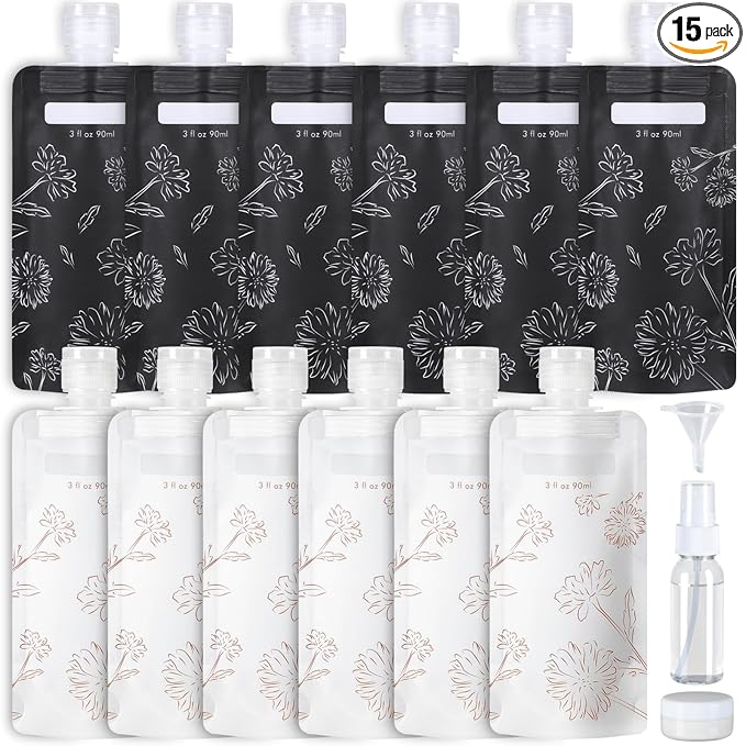 PACKISM 15 Pack Travel Pouches for Toiletries - 3 oz Leak Proof TSA Approved Liquid Containers, Squeeze Bags for Shampoo Lotion, Space Saving Refillable Carriers, Black Beige Chamomile