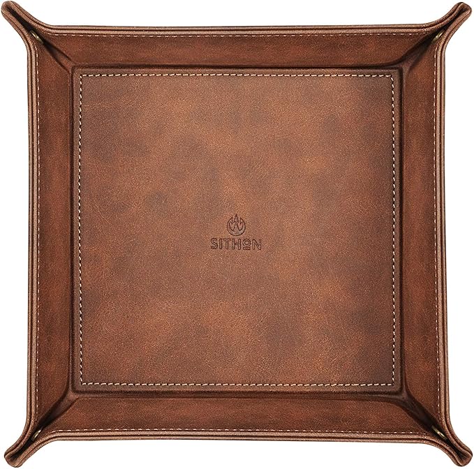 SITHON Valet Tray Desktop Storage Organizer – Premium PU Leather Catchall Bedside Vanity Tray Nightstand Caddy Holder for Keys, Phone, Wallet, Coin, Valentine's Day Gift, Brown