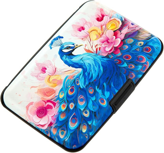 Credit Card Holder for Women Men RFID Blocking Wallet Small Business Metal Slim Mini Aluminum Hard Case (Watercolor Peacock)