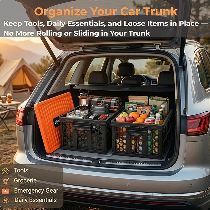 Mymazn Trunk Organizer Plastic for Car, Crate Storage Collapsible Car Organizer for SUV, Groceries, Camping | with Lid, Waterproof Bag, Optional Insulated Cooler(Orange)