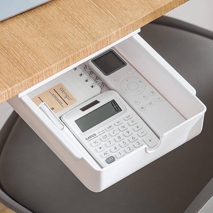 FRETONBA Under Desk Drawer Self-Adhesive Hidden Desktop Organizer, Attachable Desk Drawer Slide Out, Table Storage Tray for Stationery Home Office Organization Medium White