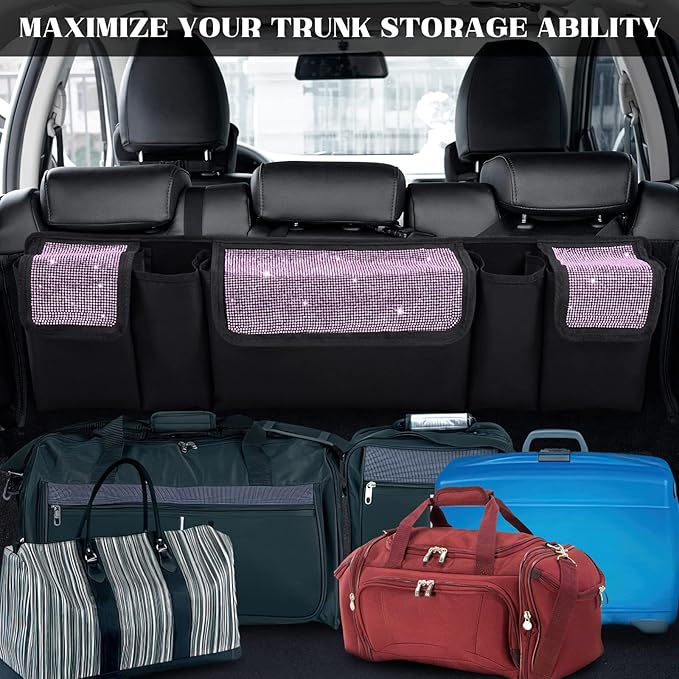 eing Car Trunk Organizer and Storage, Backseat Hanging Organizer for SUV, Truck, MPV, Waterproof, Collapsible Cargo Storage Bag with 5 Pockets, Bling Car Interior Accessories for Women,Pink