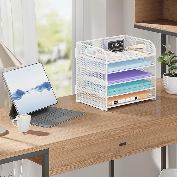 Cawukege 2 Pack 5 Tier Paper Organizer, Letter Tray with Handle, Mesh Desk Organizer, Metal File Organizer, Office Desk Accessories for Home, Office, Classroom, School -White