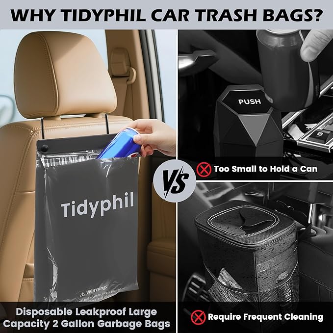 150 PCS Disposable Car Trash Bags Hanging, Leak-proof, Odor Seal. 2 Gallon Car Garbage Bags, Big Capacity. Independent of Car Trash Can, Easy Stick-On Car trash Bin for Car, SUV, Truck, Stroller. Gray
